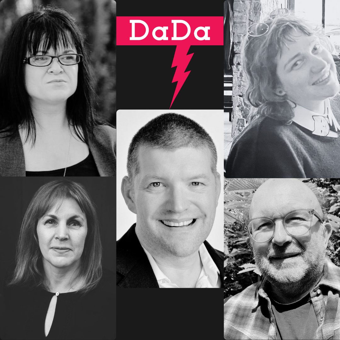 Black and white headshots of the 5 new board members alongside a DaDa logo